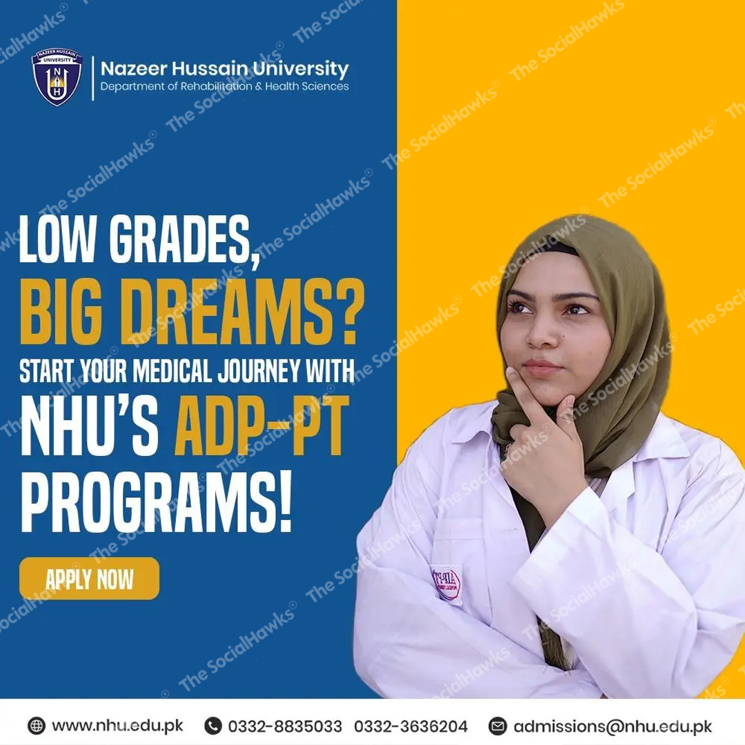 NHU ADP-PT program ad with female student in hijab and white coat in thinking pose
